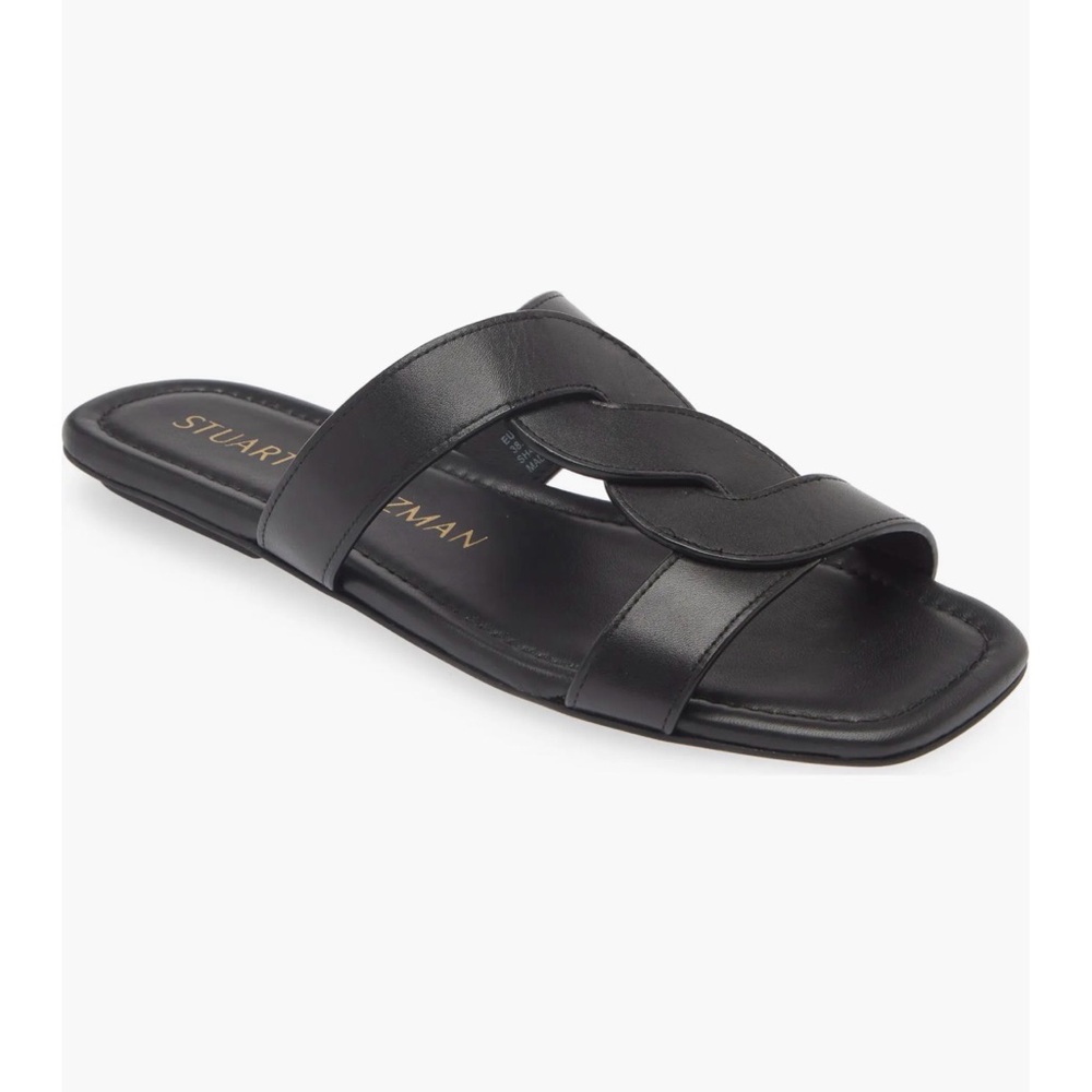 Stuart Weitzman IBIZA Black Leather Woven Strap Slides sandals NEW